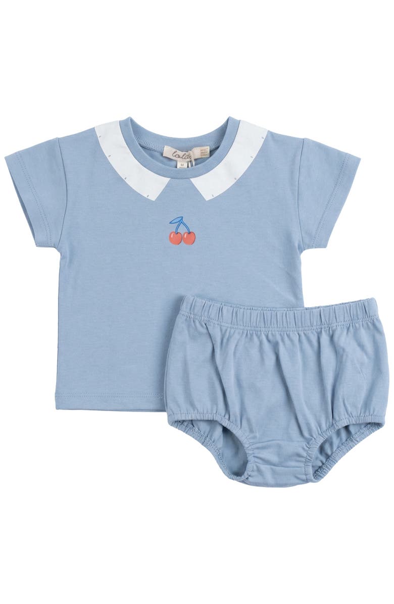 LOLA Cherry Print Two Piece Short Sleeve Top and Matching Bloomers Set, Main, color, Stone Blue
