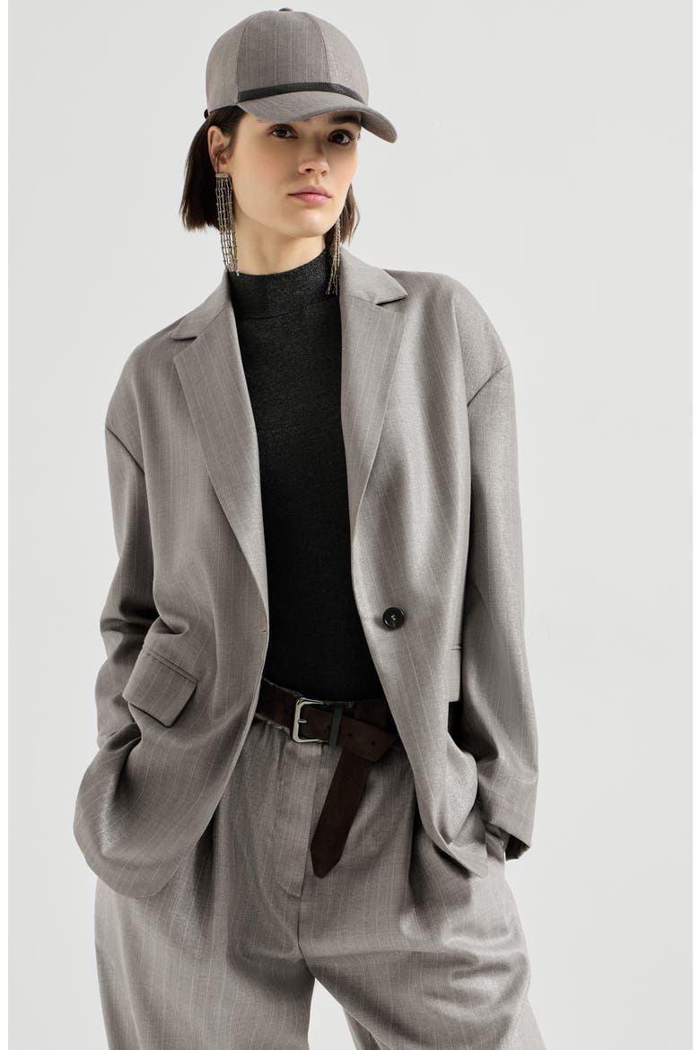 Sparkling virgin wool pinstripe blazer with monili, Alternate, color, Silver