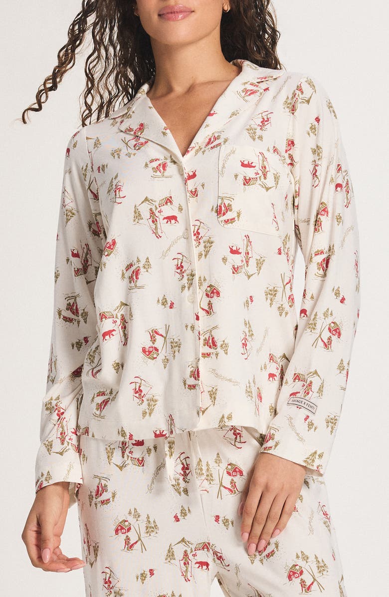 SAVAGE X FENTY Softcore Modal Blend Pajama Button-Up Shirt, Main, color, Petal White Sultry Slopes