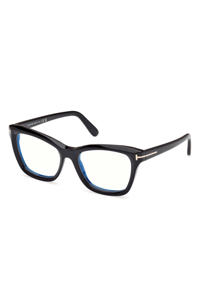 TOM FORD 53mm Cat Eye Blue Light Blocking Optical Glasses, Alternate, color, Black Eco / T Logo