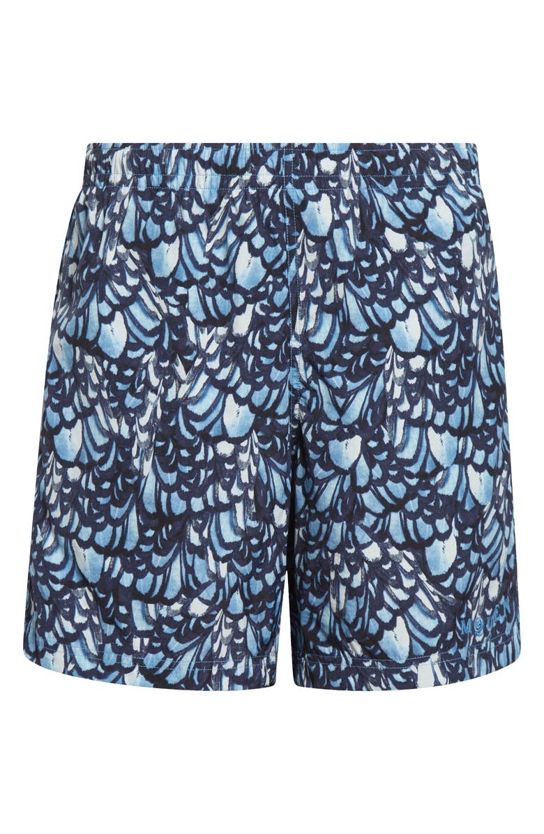 McQueen Feather Print Swim Trunks, Alternate, color, Navy/ Sky Blue