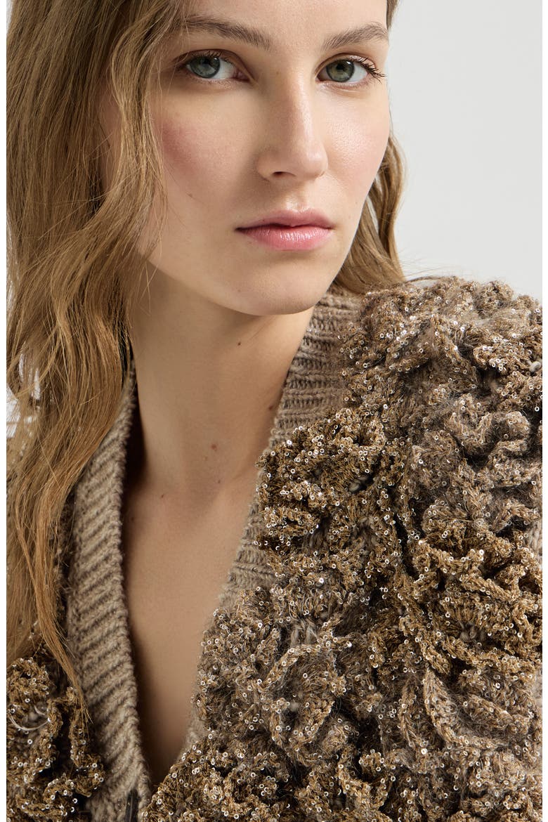 Handmade Dazzling blossom OPERA knit vest in soft virgin wool and cashmere, Alternate, color, Light Brown