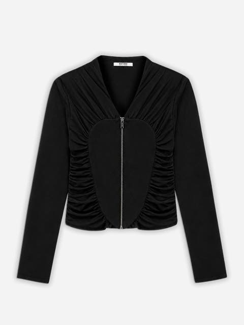 Ruffle Trim Zip Front Blouse