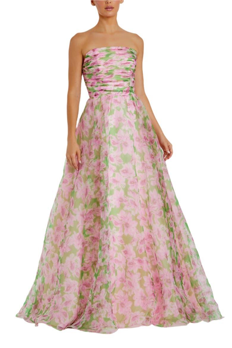 Strapless Chiffon Gown With Ruffle Detail, Main, color, Pink Multi