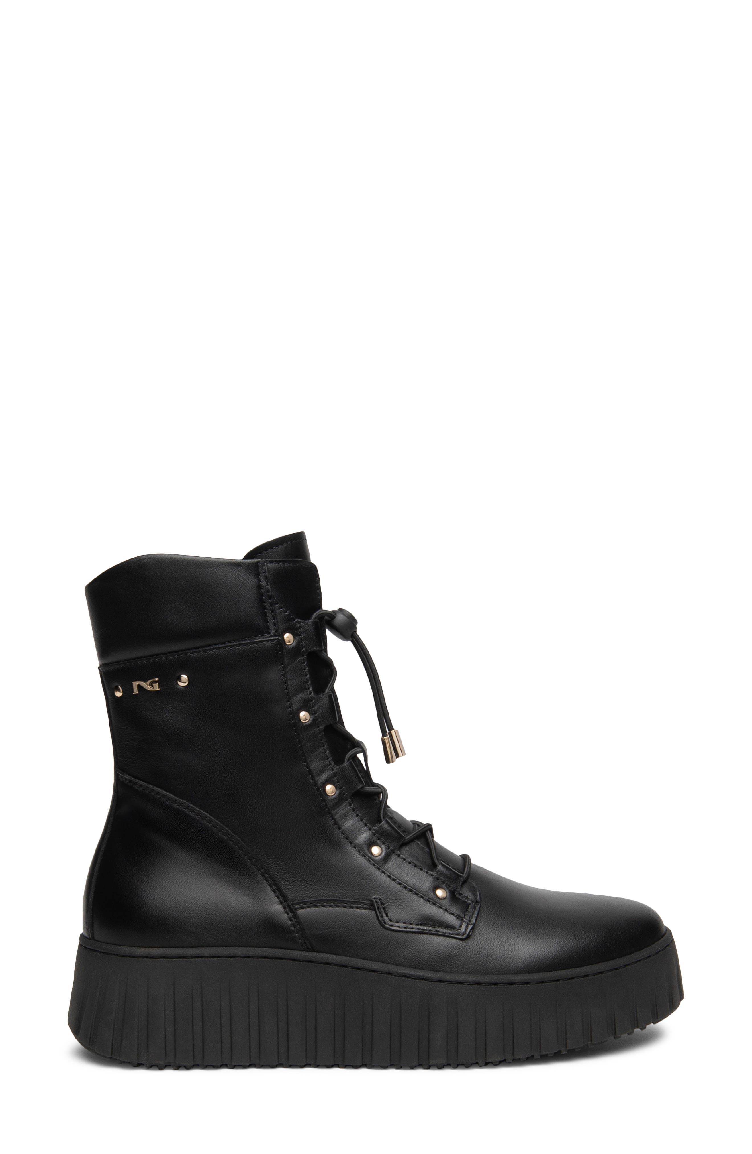 Leather Wedge Combat Boot, Alternate, color, BLACK