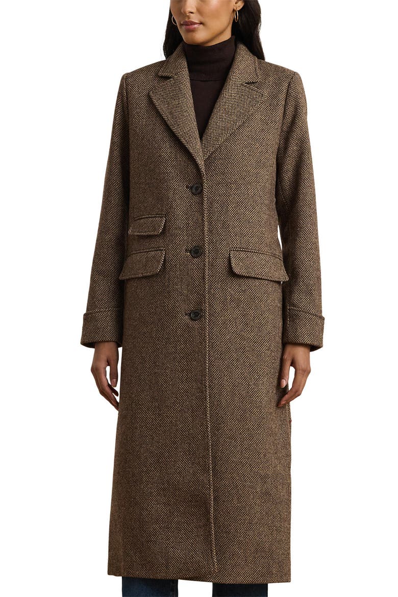 Longline Herringbone Wool Blend Reefer Coat, Alternate, color, BROWN BROKEN TWILL