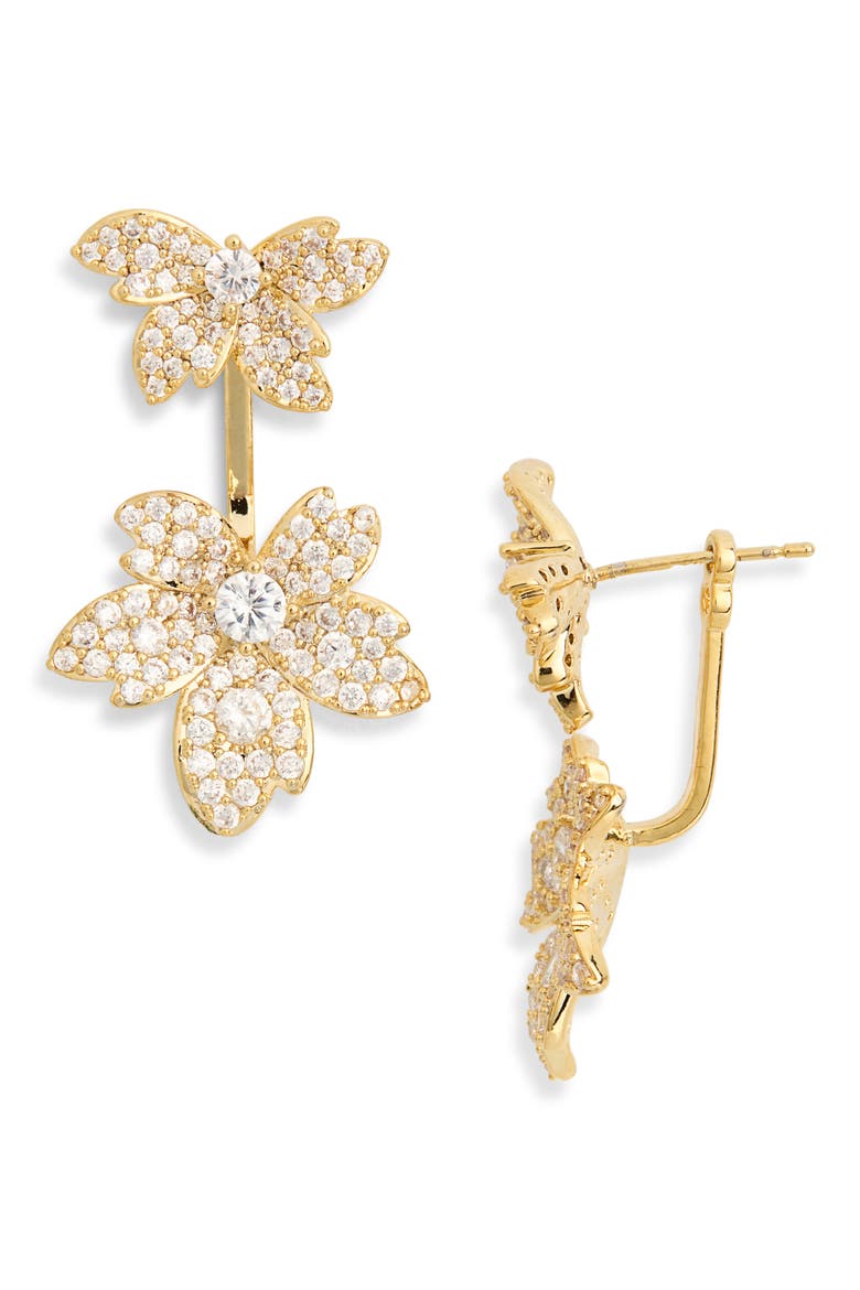 Suhana Cubic Zirconia Flower Front/Back Earrings, Main, color, GOLD