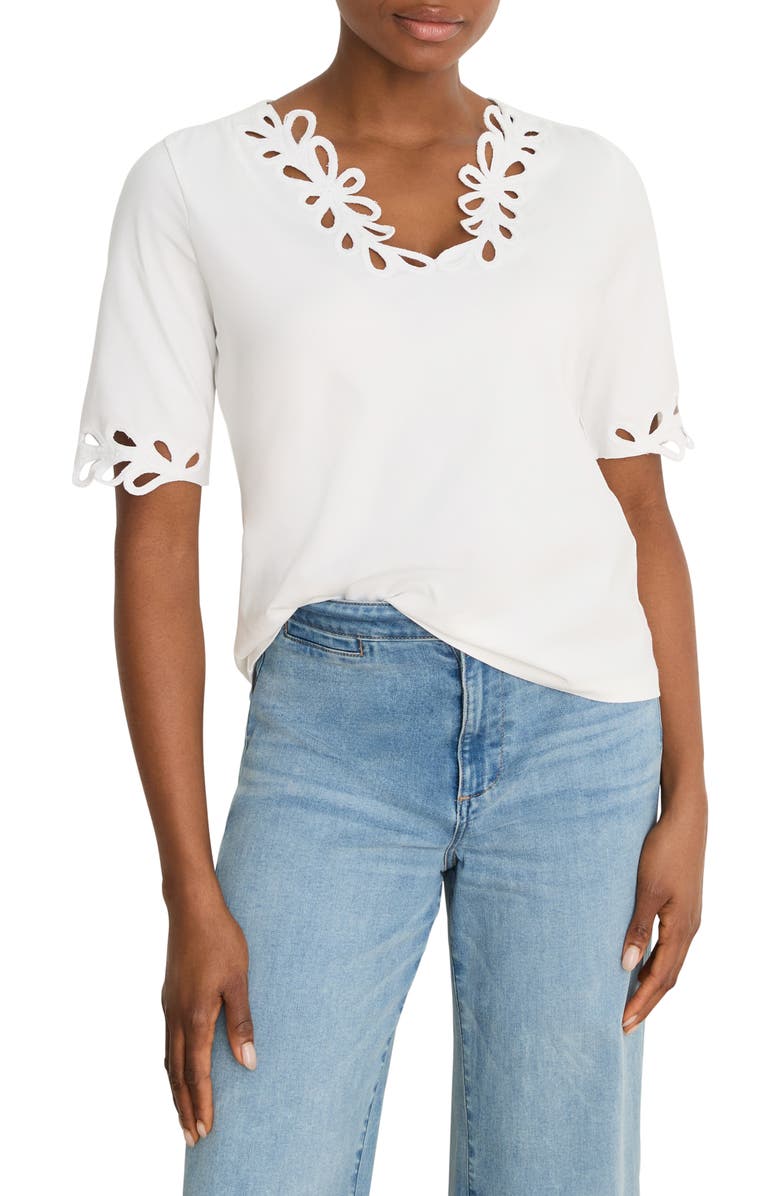 NIC+ZOE Rococo Soutache Embroidered Trim Top, Main, color, Paper White