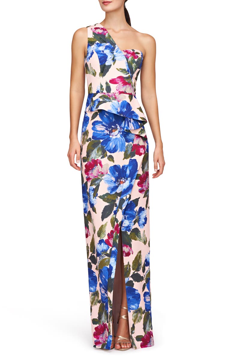 Kay Unger Laurel Floral One-Shoulder Gown, Main, color,