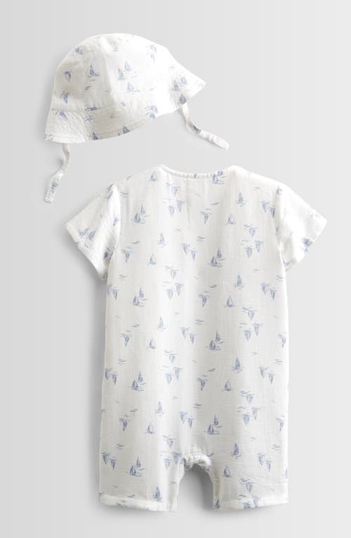 Nordstrom Print Cotton Henley Romper & Hat Set In White- Blue Sailboats