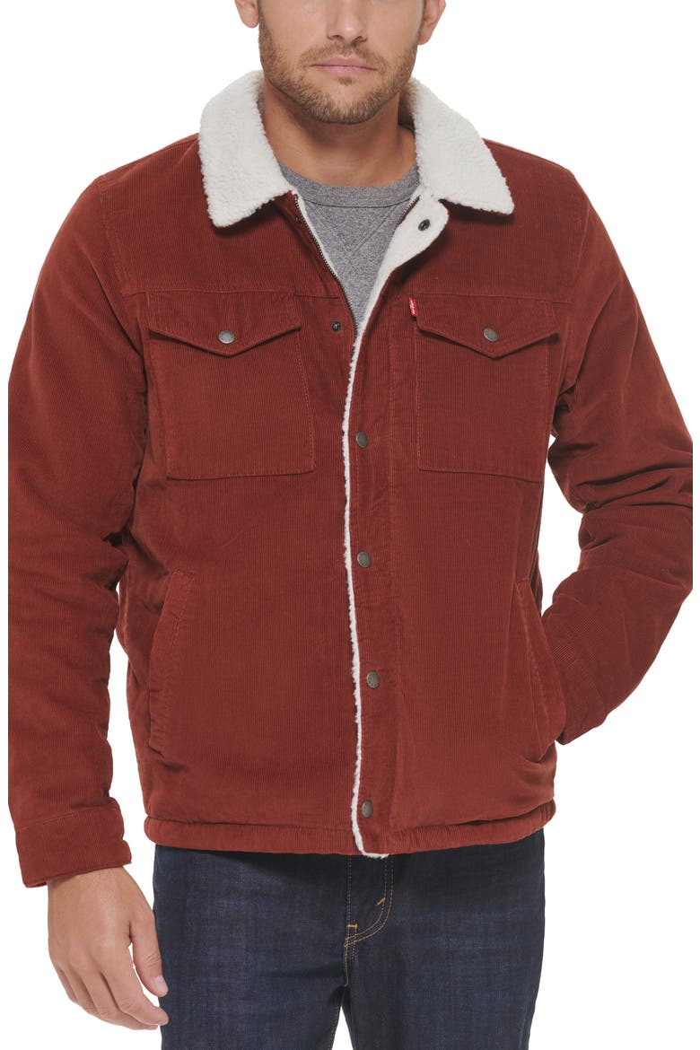Faux Shearling Lined Corduroy Trucker Jacket, Main, color, RUST