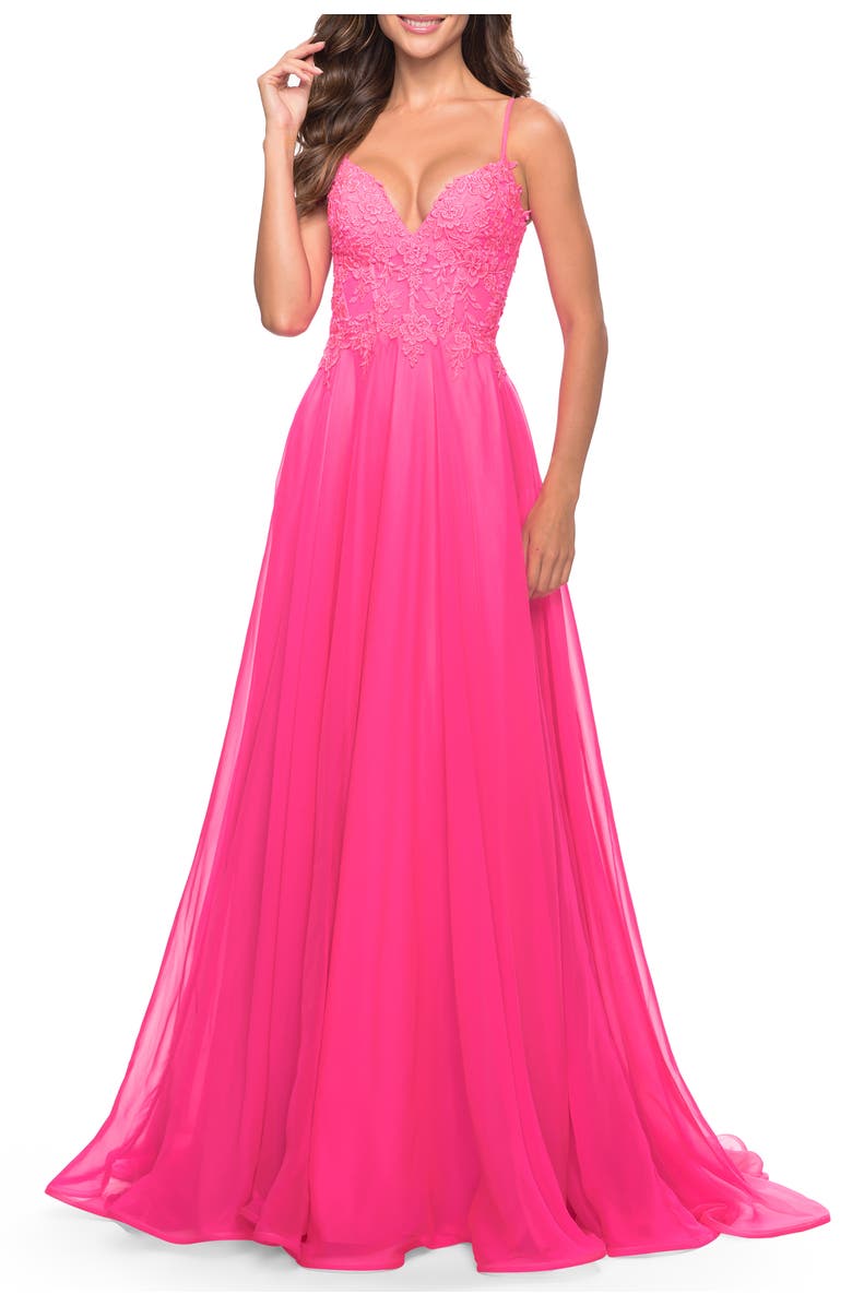La Femme A-line Gown with Sheer Floral Embellished Bodice in Neon Pink, Main, color, Neon Pink