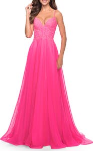 La Femme A-line Gown with Sheer Floral Embellished Bodice in Neon Pink