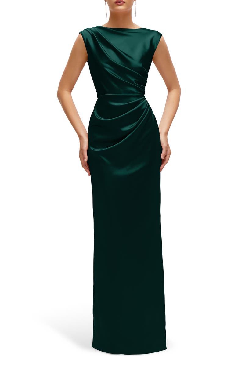 After Six Pleated Cap Sleeve Charmeuse Gown, Main, color, Evergreen