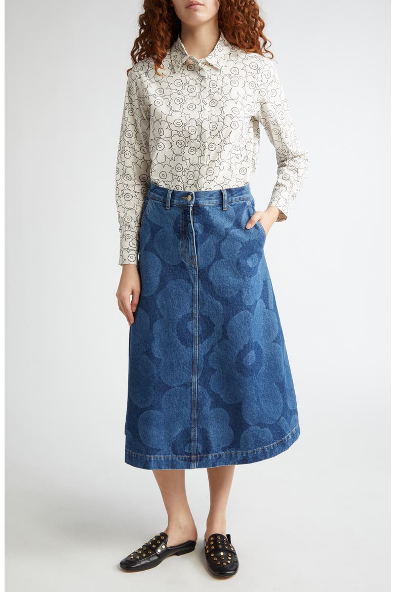 Marimekko Maridenim Suoritus Unikko Floral A-Line Denim Midi Skirt