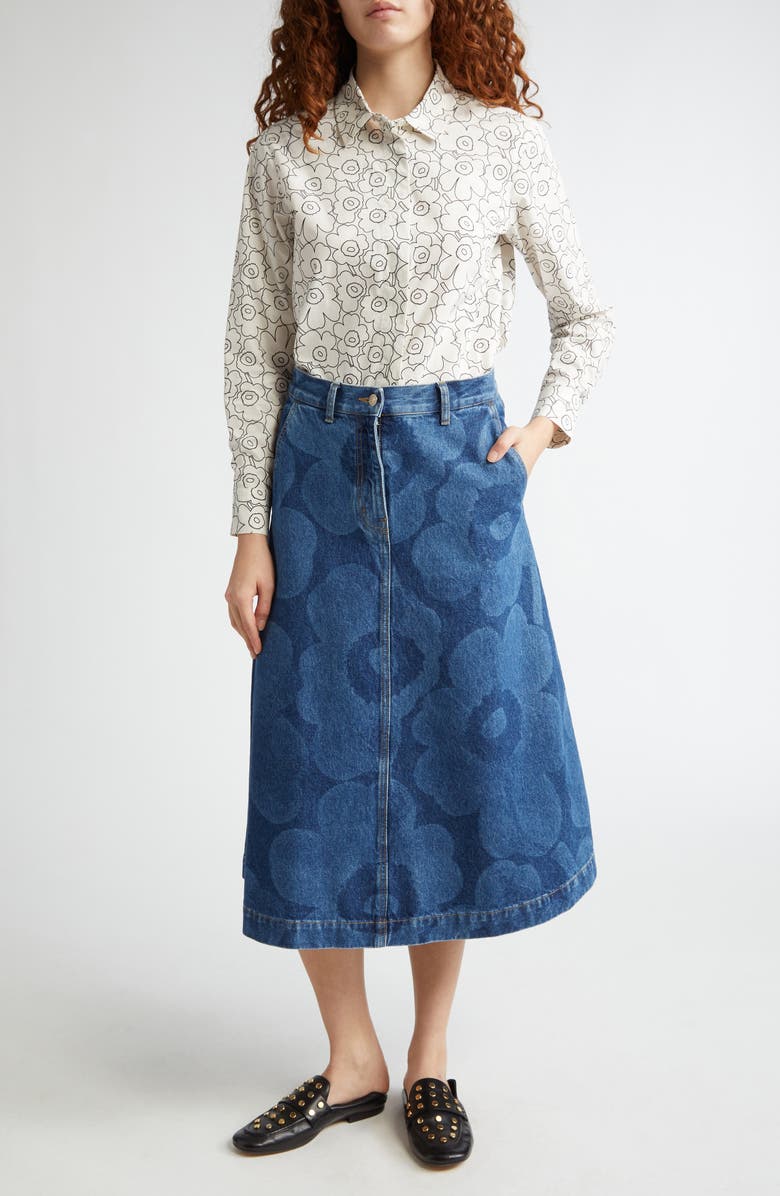 Marimekko Maridenim Suoritus Unikko Floral A-Line Denim Midi Skirt, Alternate, color,