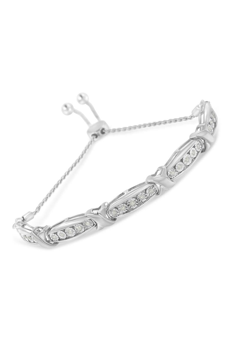 Haus of Brilliance Round-Cut Diamond X & Tapered Bar Miracle-Set Bolo Bracelet - Silver, Alternate, color, White