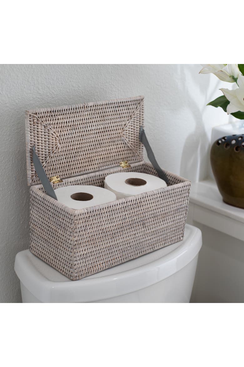 Artifacts Rattan Rectangular Double Toilet Roll Holder with Hinged Lid, Alternate, color, White Wash