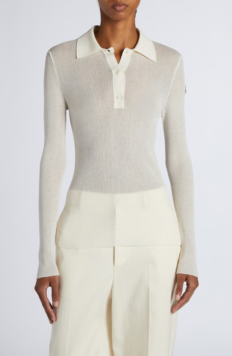 Moncler Long Sleeve Rib Polo Sweater, Main, color, White