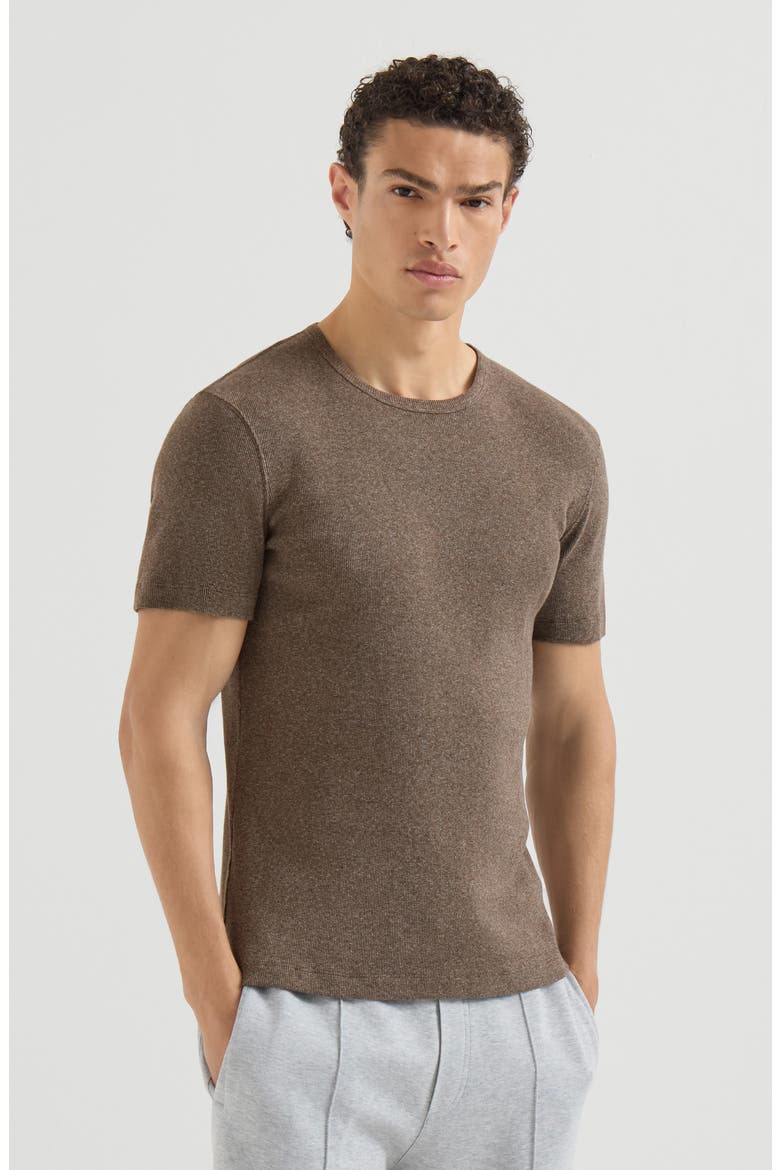 Denim-effect ribbed cotton jersey crew neck T-shirt, Main, color, Brown