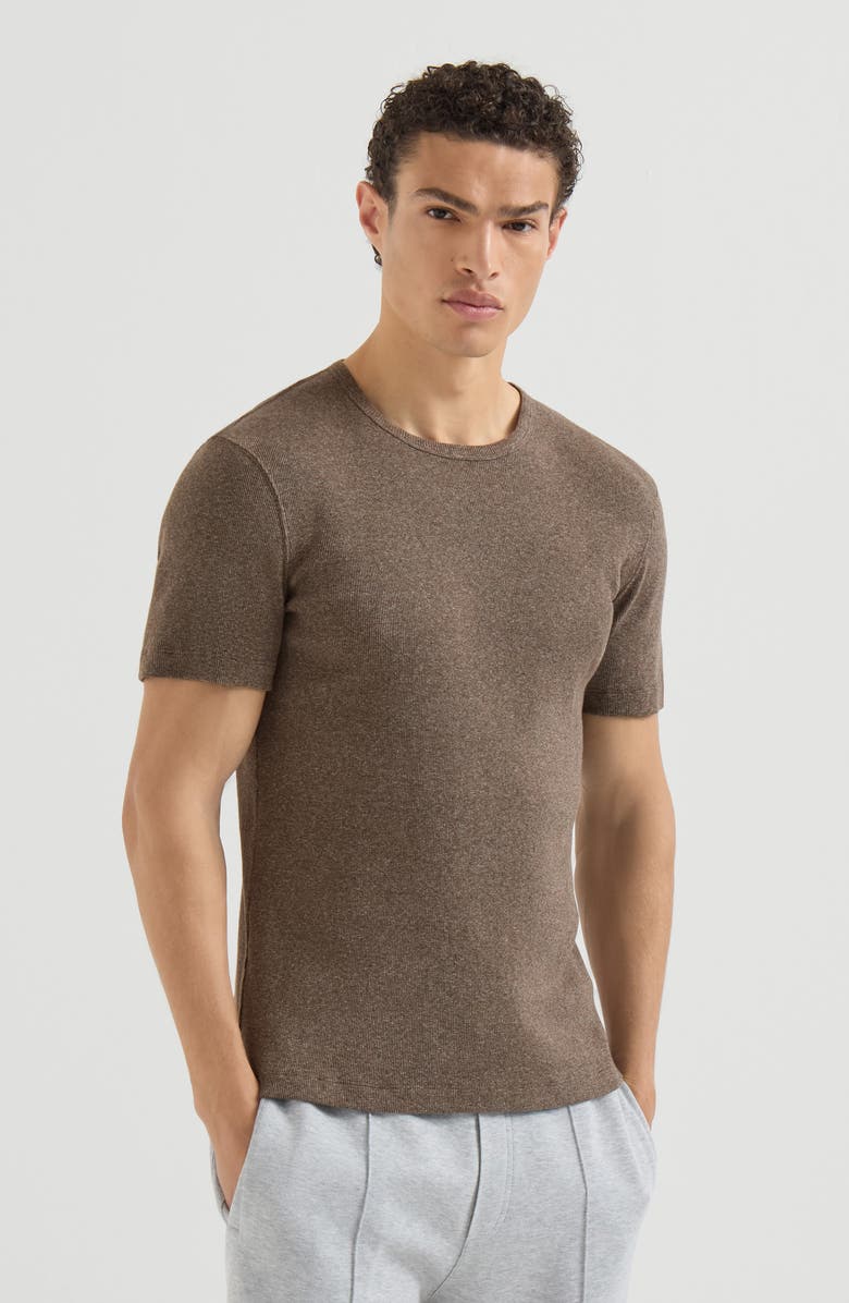 Brunello Cucinelli Denim-effect ribbed cotton jersey crew neck T-shirt, Main, color, Brown