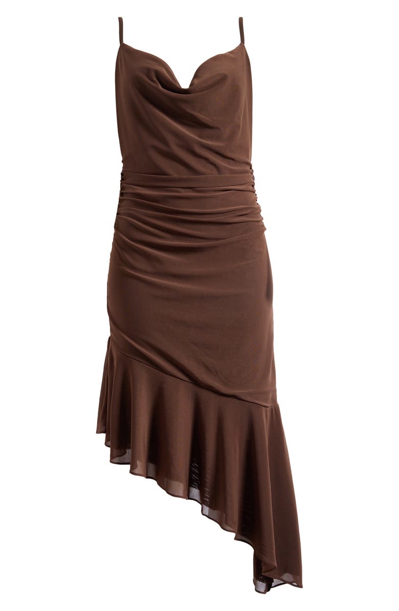 AllSaints Bea Asymmetric Hem Mesh Midi Dress, Alternate, color, Bitter Brown