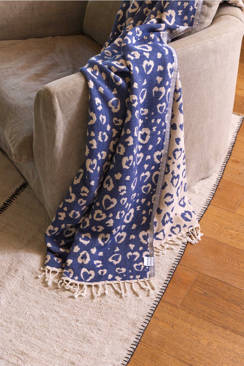 Leopard Heart Organic Cotton Medium Weight Throw Blanket, Alternate, color, Navy