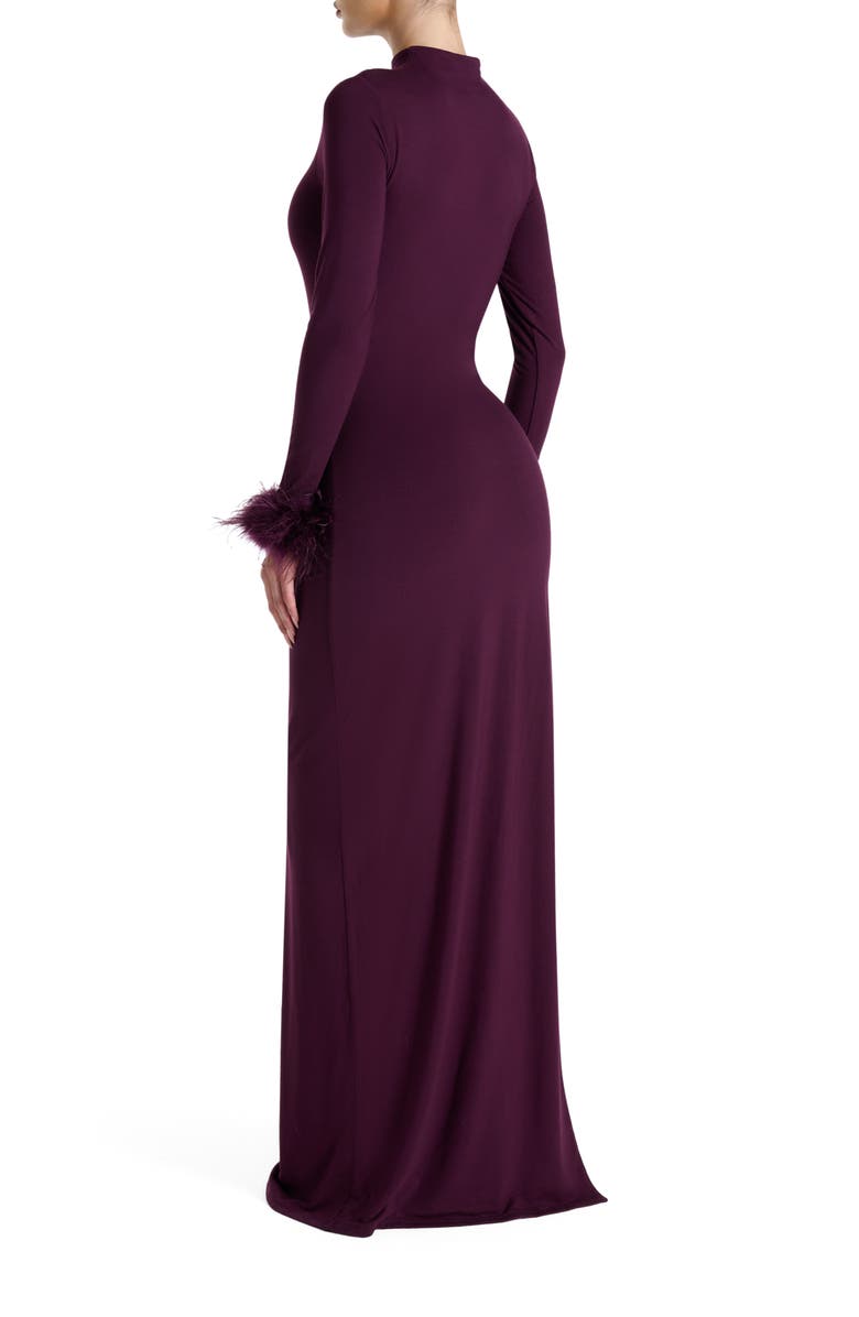 Naked Wardrobe Fine Feathers Long Sleeve Body-Con Maxi Dress, Alternate, color, Dark Plum