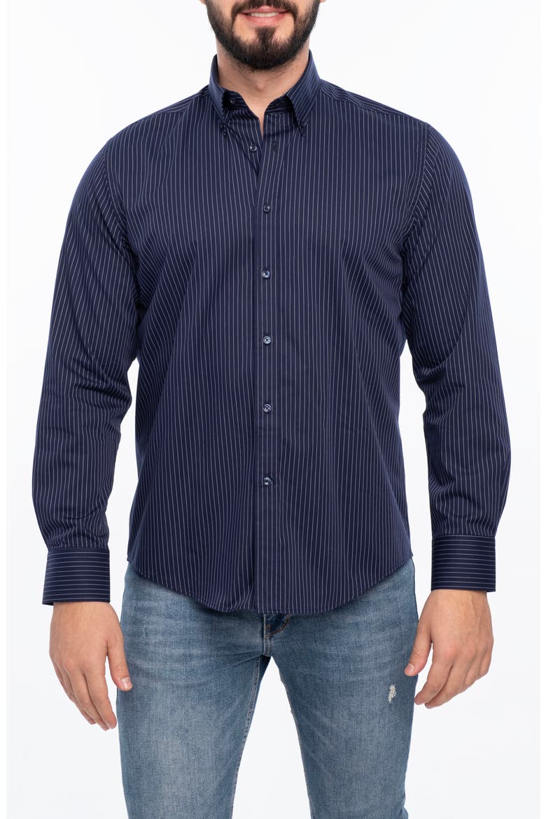 Stripe Cotton Slim Fit Button Down Shirt, Main, color, NAVY BLUE