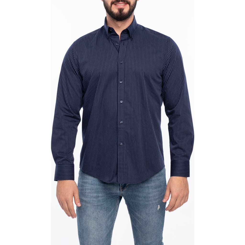 Vellapais Stripe Cotton Slim Fit Button Down Shirt In Navy Blue