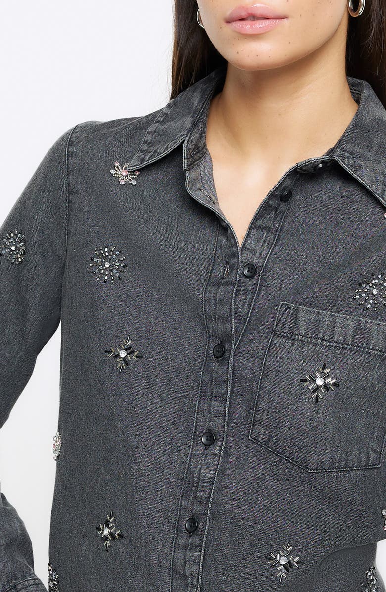 River Island Crystal Embellished Denim Button-Up Shirt, Alternate, color, Grey