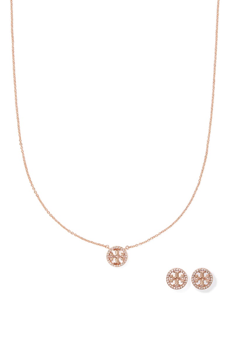 Tory Burch Miller Pavé Pendant Necklace & Stud Earrings Set, Main, color,