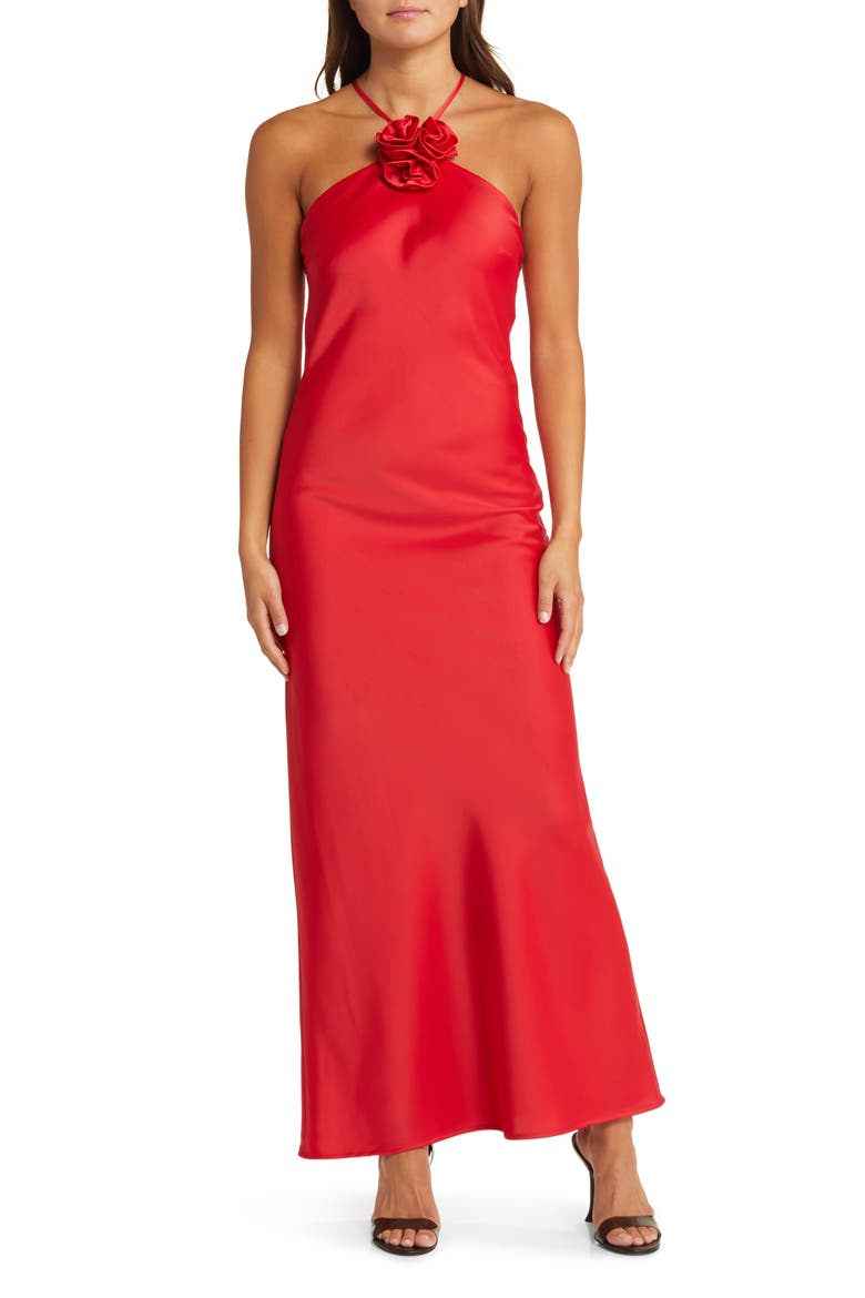 The Adele Rosette Satin Gown, Main, color, RED