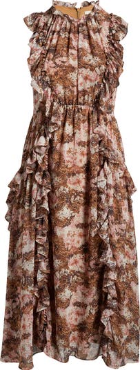 Parker cascading ruffle printed authentic midi