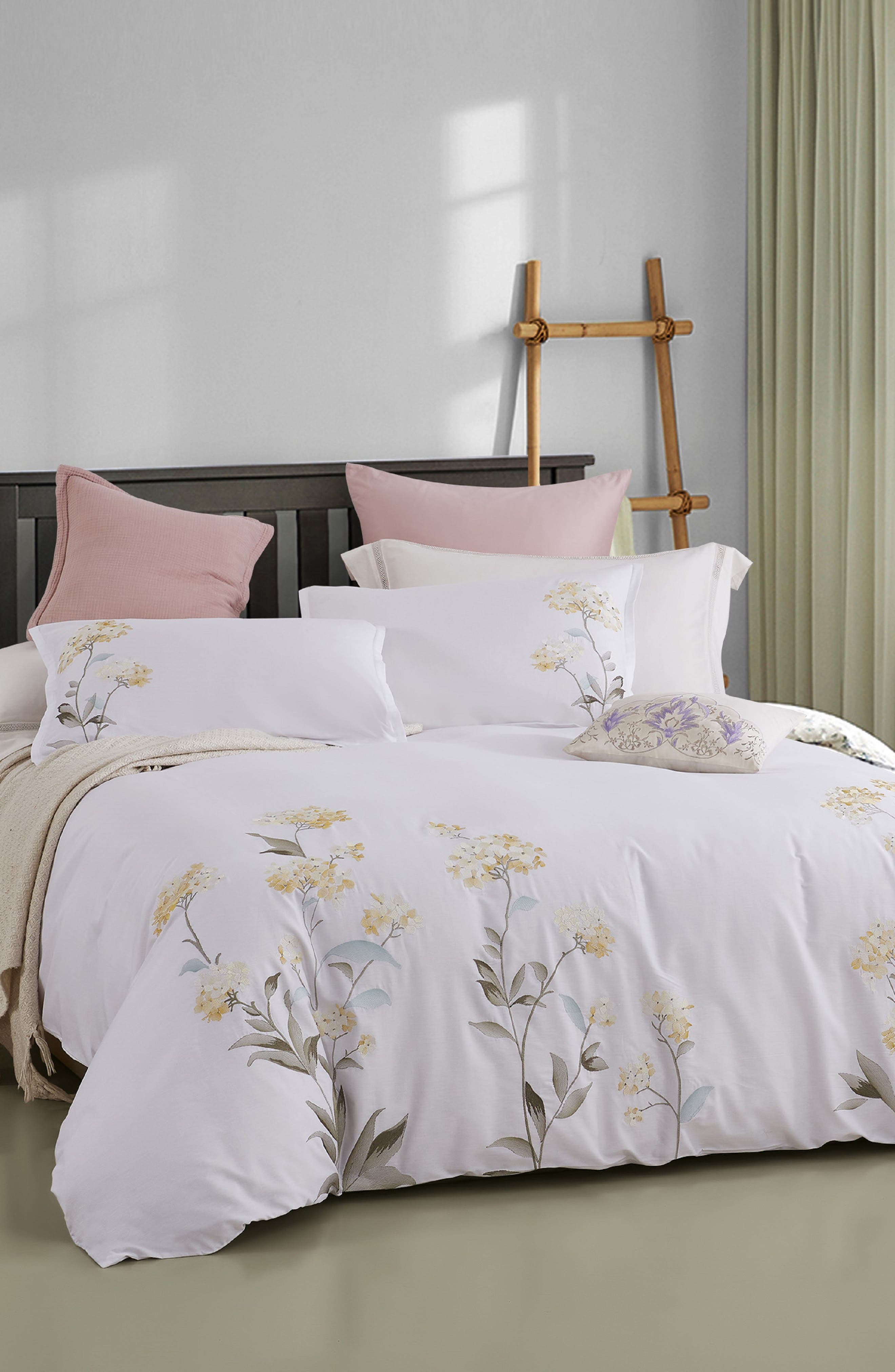 MELANGE HOME Golden Hydrangea Embroidered Duvet Set