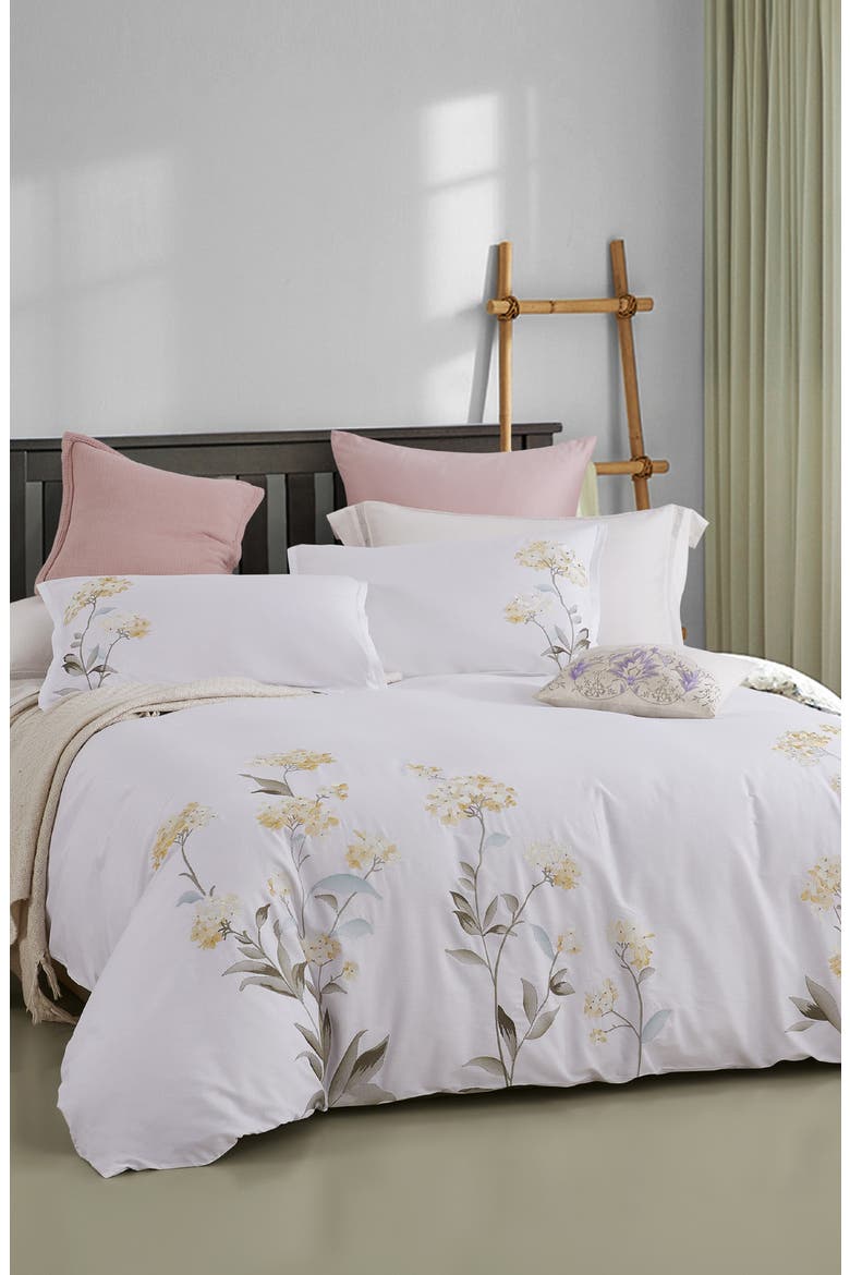 Golden Hydrangea Embroidered Duvet Set, Main, color, YELLOW/ WHITE