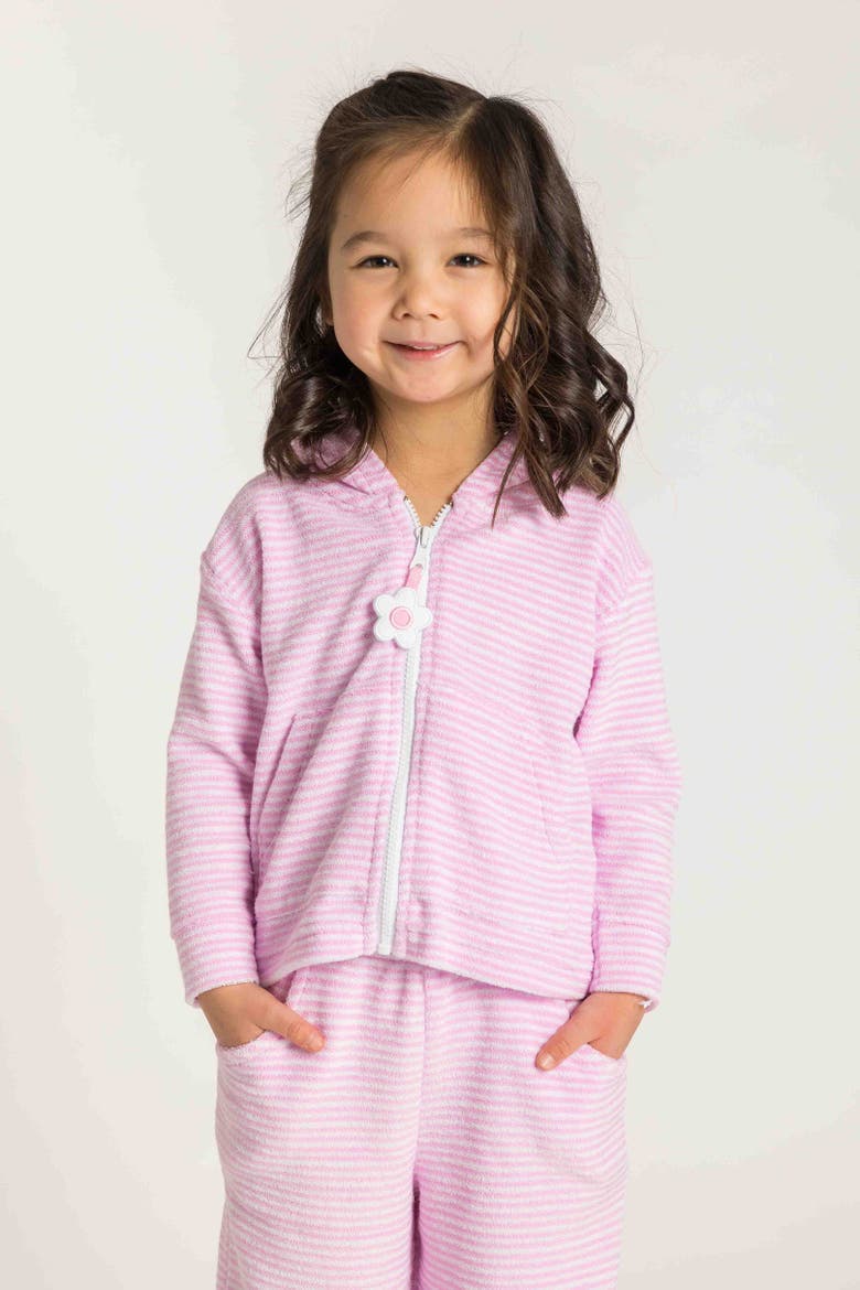 Stripe Terry Hoodie with Flower, Alternate, color, Pink/White