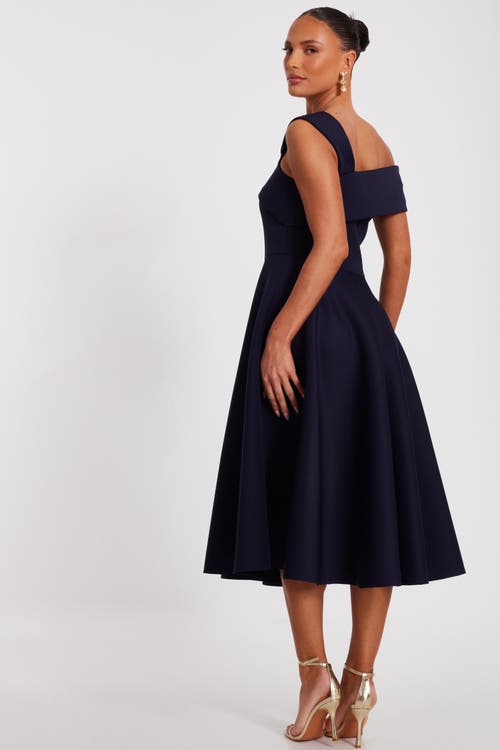 Quiz Scuba Crepe Asymmetric Midi Skater Dress In Blue