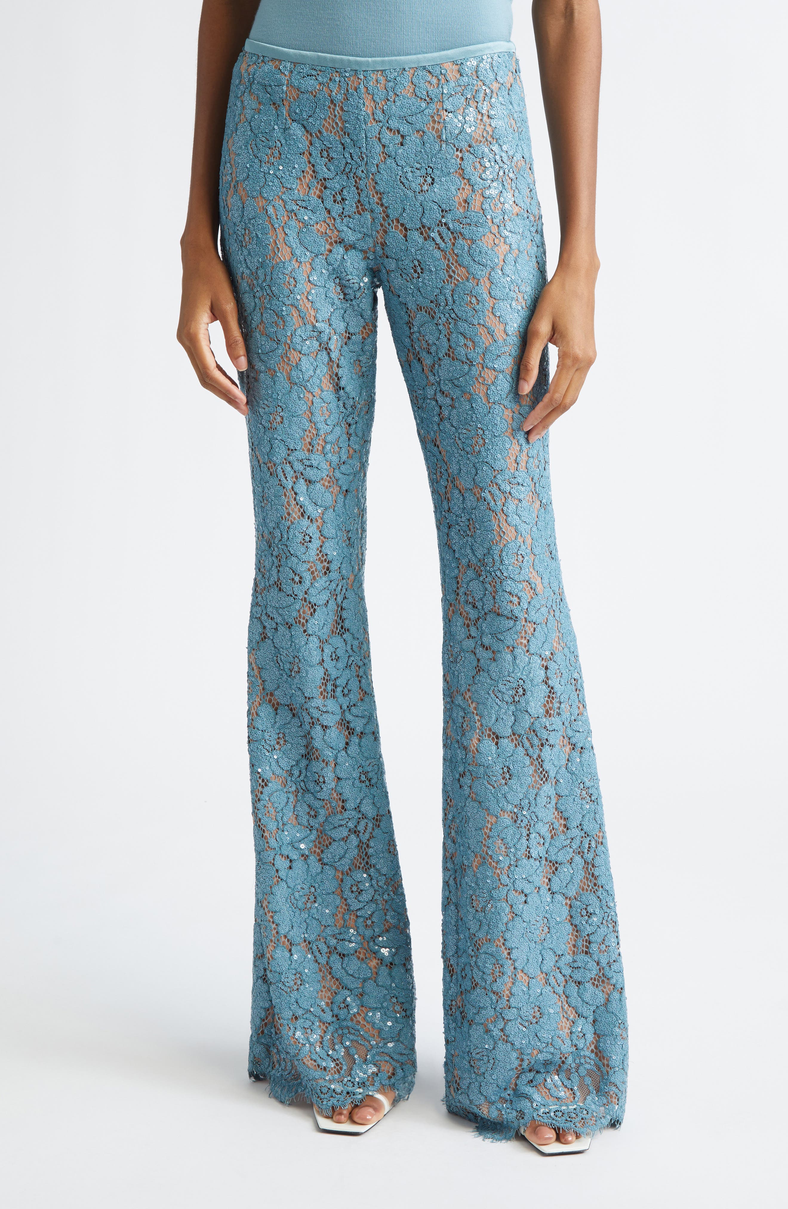 Sequin Embroidered Lace Bootleg Pants