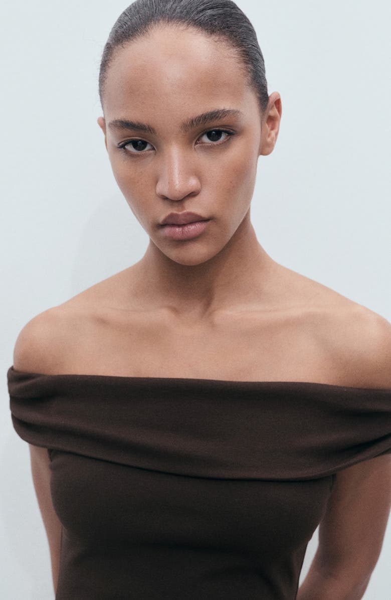 MANGO Pleated Off the Shoulder Dress, Alternate, color, Brown