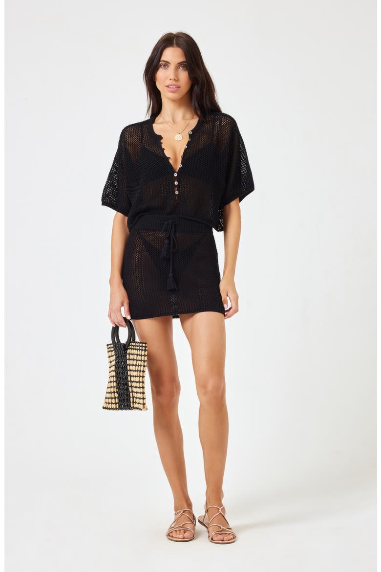 Coast Is Clear Open Stitch Cotton Crop Cardigan, Alternate, color, BLACK