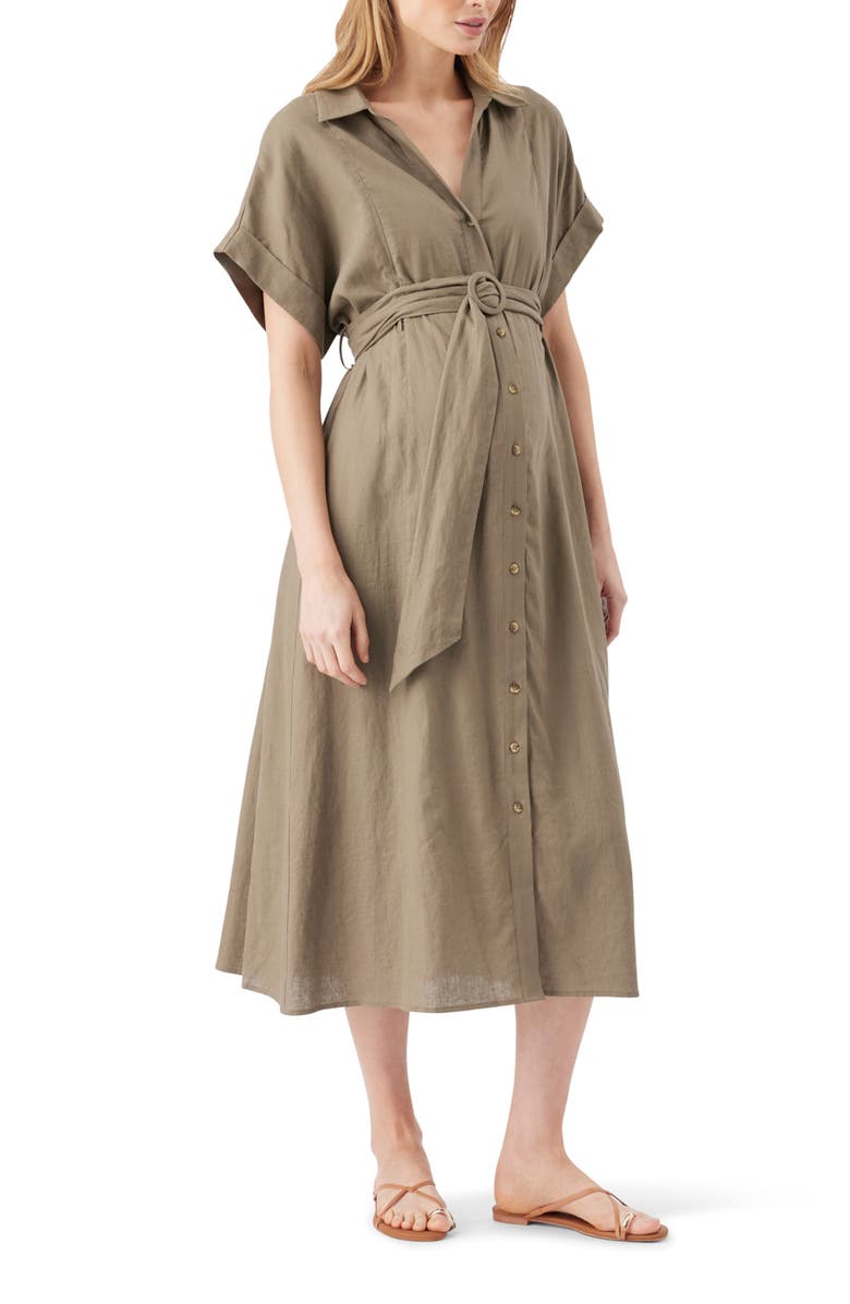 Ripe Maternity Amy Linen Nursing Shirt Dress, Alternate, color, Olive