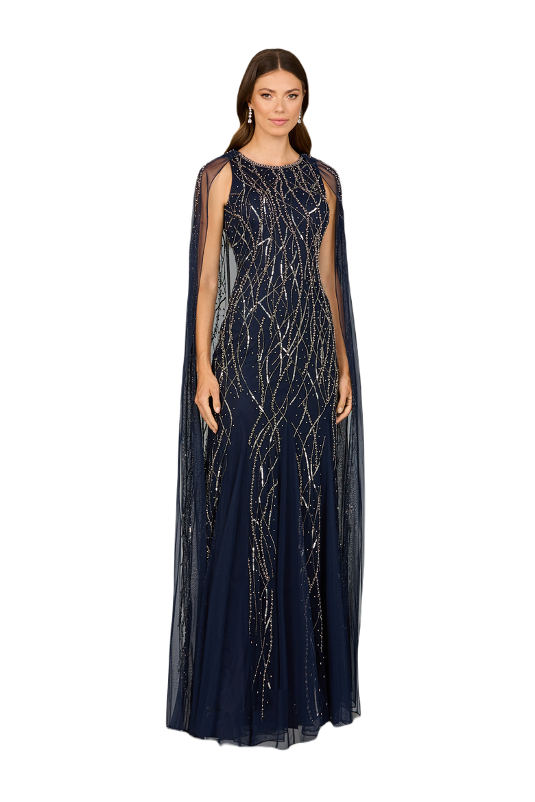 Elegant Beaded Dress with Long Cape, Main, color, Navy