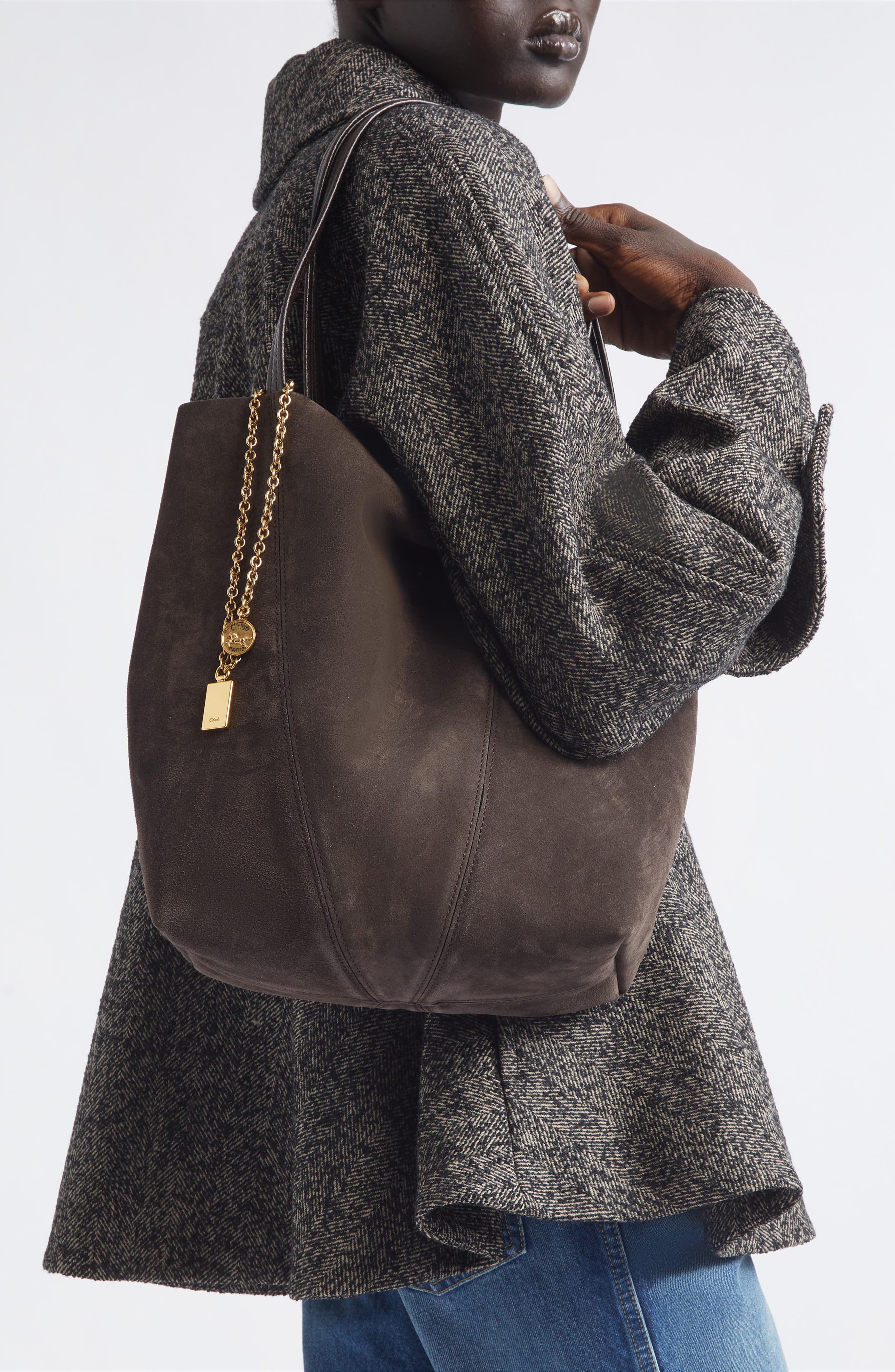 Chloé Medium Spin Suede Tote, Alternate, color, Kohl Brown