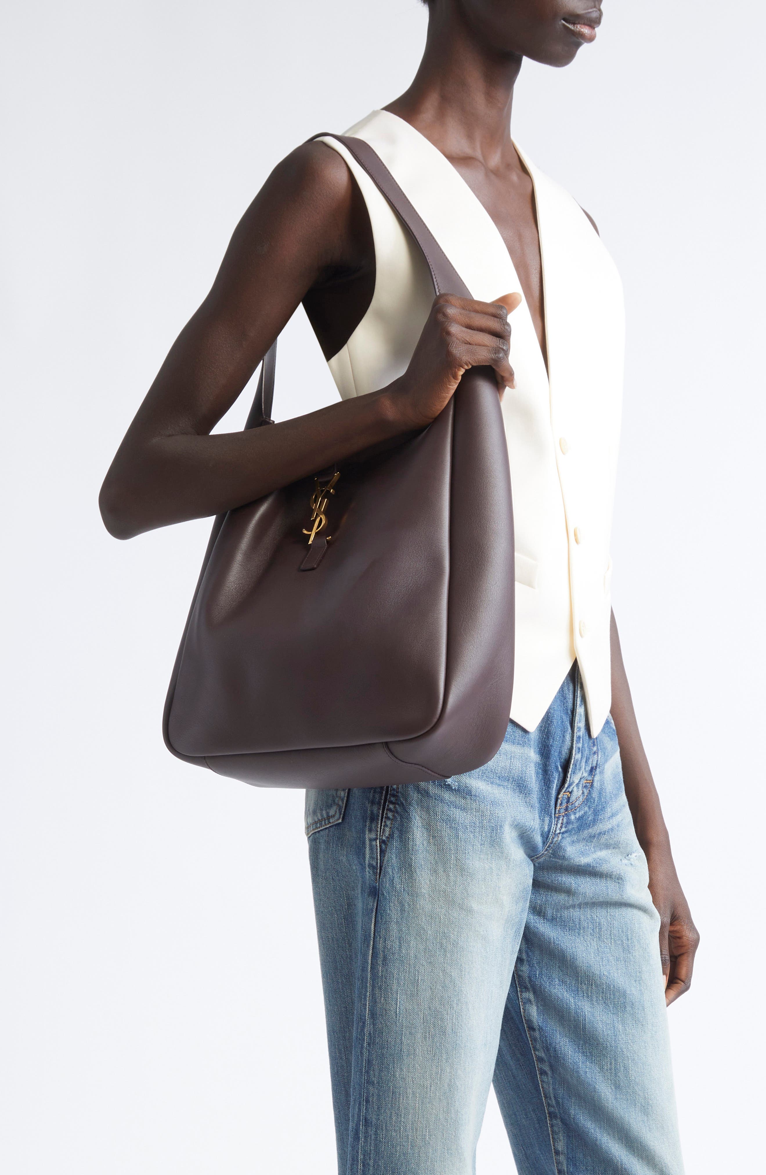 Saint Laurent Large Le 5 À 7 Leather Hobo Bag, Alternate, color, Raisin