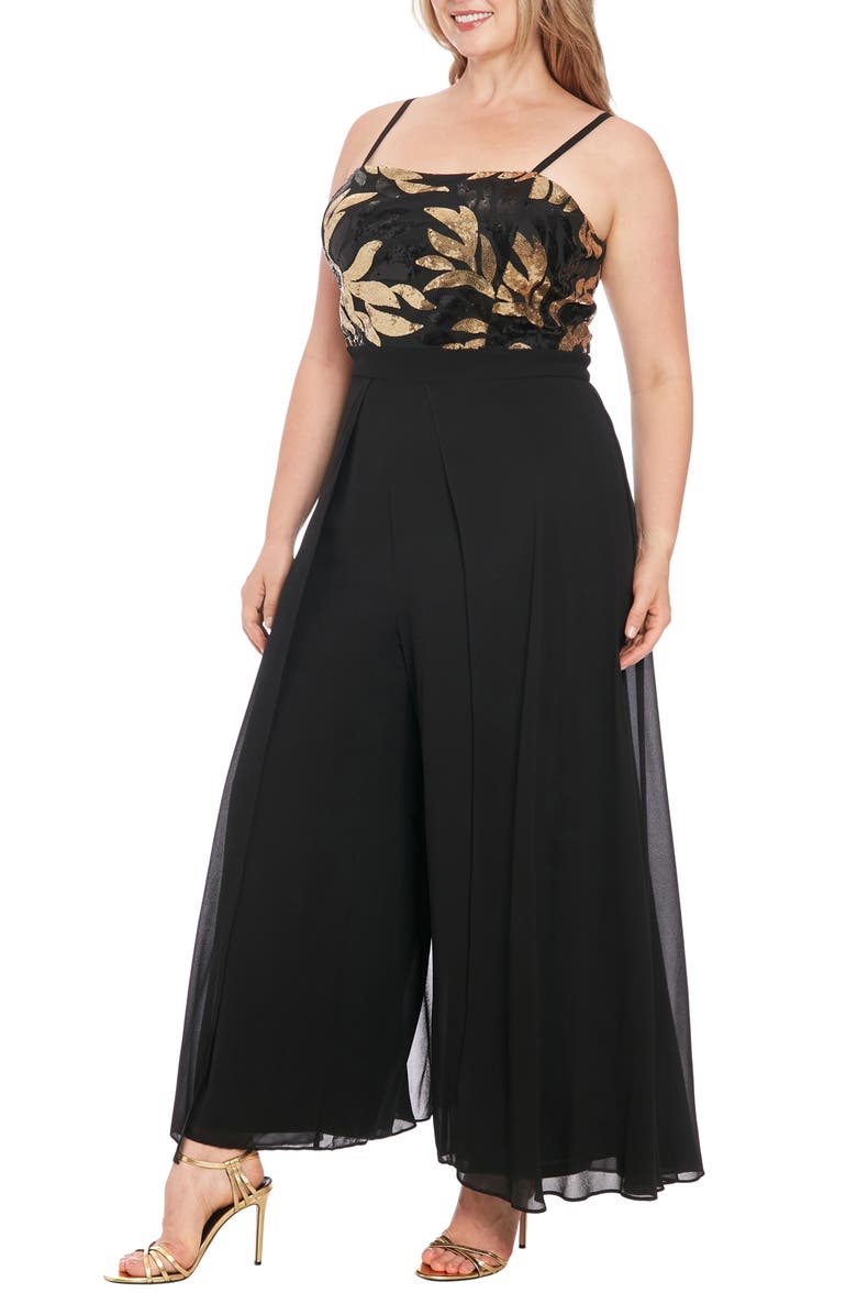 London Times Sequin Combo Overlay Wide Leg Jumpsuit, Alternate, color, Black/ Gold