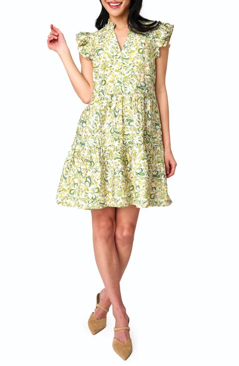 Print Flutter Sleeve Tiered Dress
