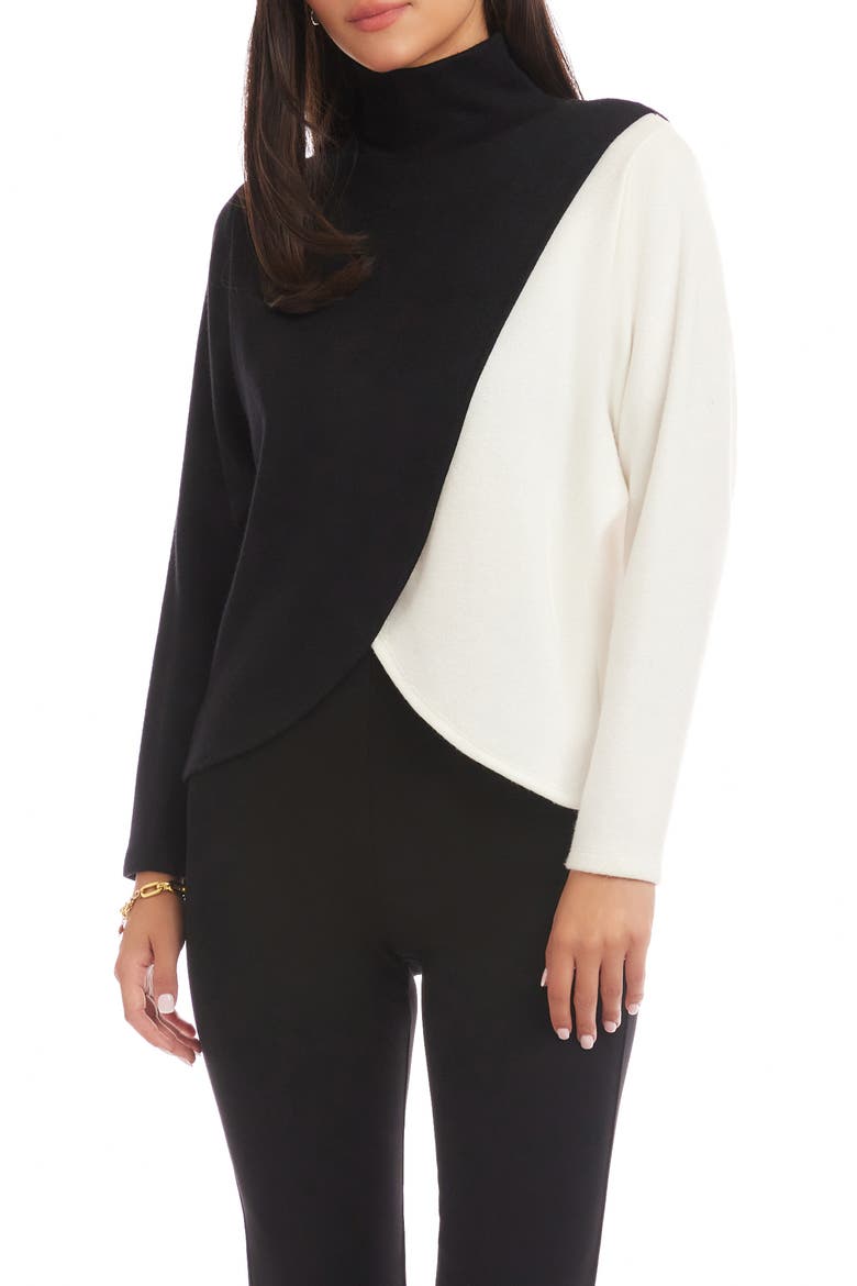 Colorblock Turtleneck Crossover Hem Knit Top, Alternate, color, BLACK/ IVORY