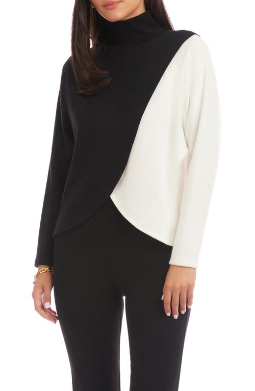 Karen Kane Colorblock Turtleneck Crossover Hem Knit Top In Black