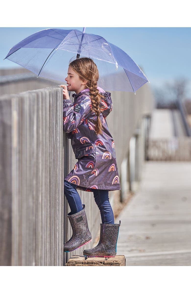 Deux par Deux Girl's Printed Rain Coat With Hat Rainbow On Shiny Background, Alternate, color, 